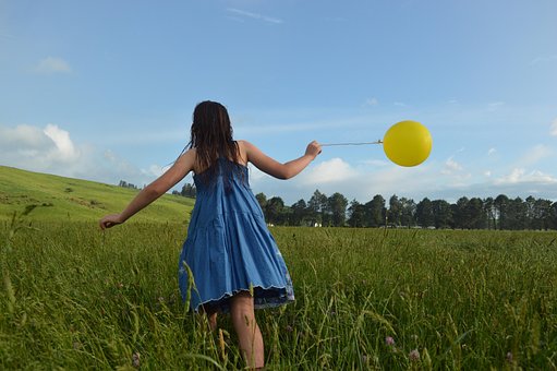 Garota, Voou, Ballon, Relva, Panorama