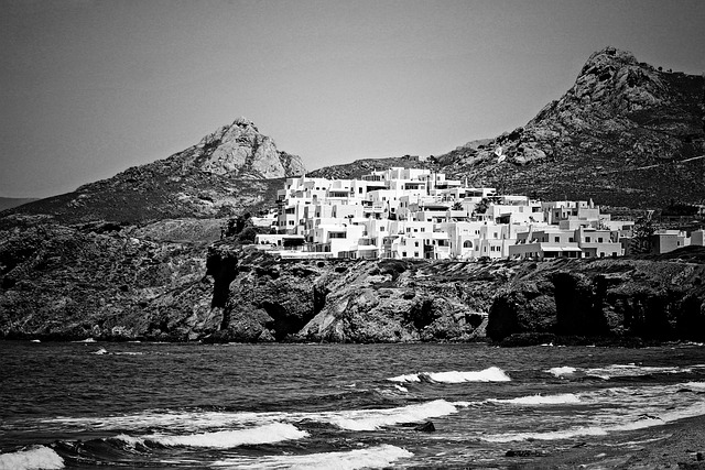 village, houses, mountain, nature, cliff, landscape, sea, coast, rock, monochromatic, greece