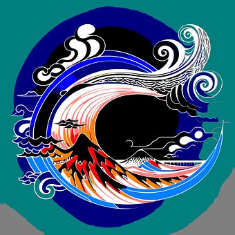 Japanisch, Welle, Surfer, Vulkan, Logo