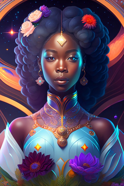 Free black woman nature surrounded by flowers illustration