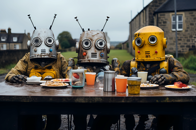 Free robots at table post-apocalyptic dark yellow illustration