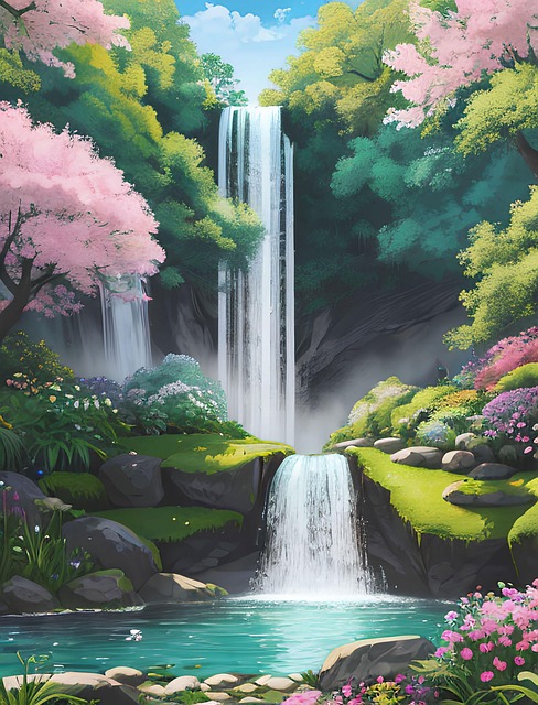 Download free HD stock image of Waterfall Forest Free waterfall forest flowers illustration