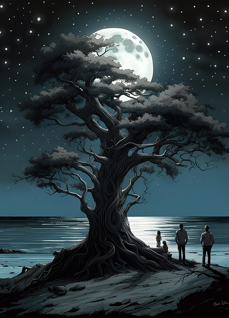 Free tree moon sea illustration