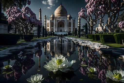 Ai Generado, Taj Mahal, Lirios, Estanque