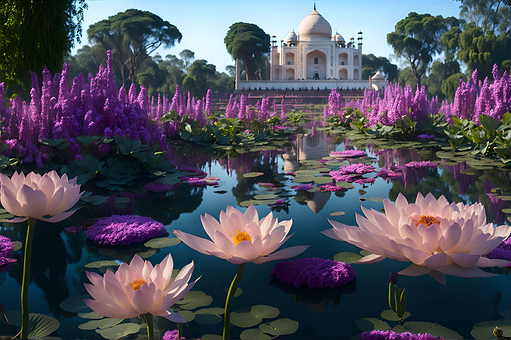 Ai Generiert, Taj Mahal, Lilien, Teich