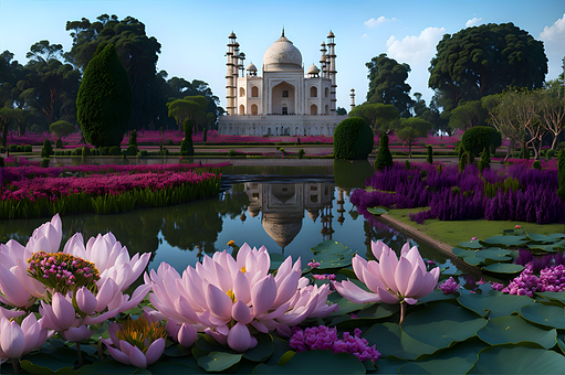 Ai Generiert, Taj Mahal, Lilien, Teich