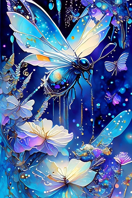 Free watercolor iridescent flying insect lots of flowers illustration
