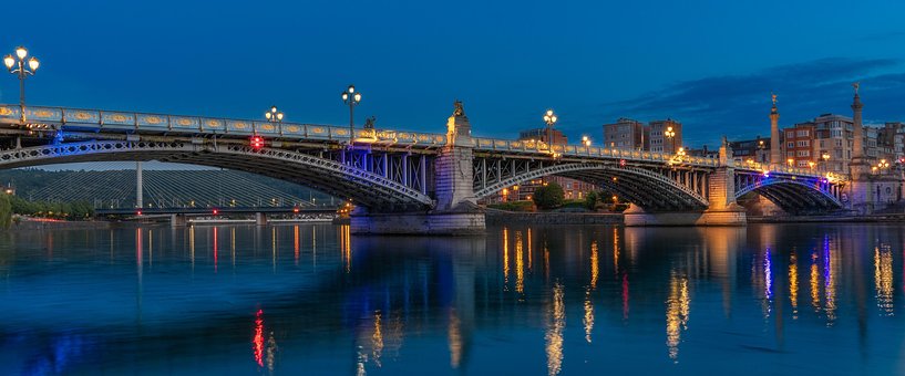 Puente, Río, Luces, Noche, Arquitectura
