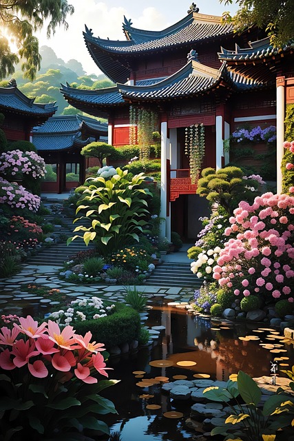 Free temple japan hydrangeas illustration