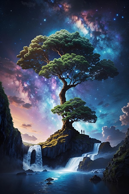 Galaxis, Fluss, Großer Baum, Himmel