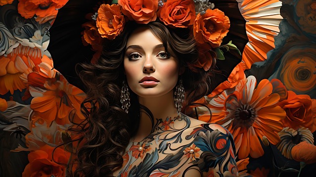 Free beautiful woman orange flowers realism with fantasy illustration