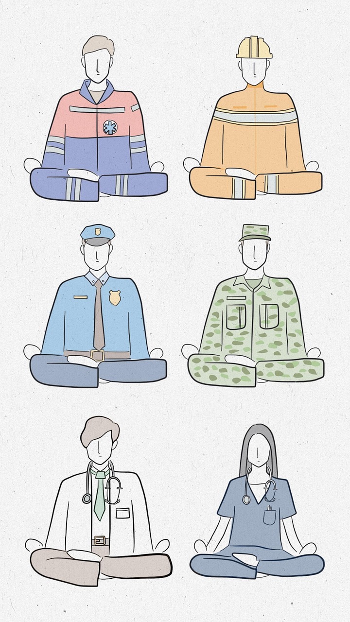 Illustrazione con diversi professionisti, tra cui poliziotto e soldato in uniforme
