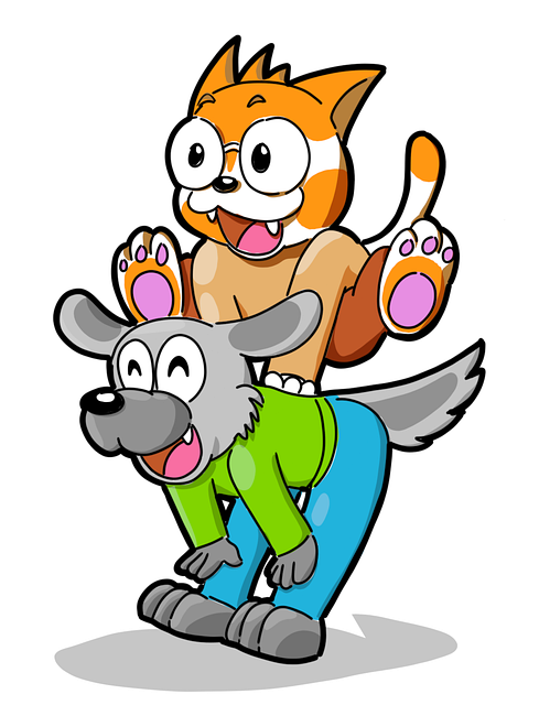 Gato, Perro, Contento, Alegría, Dibujo