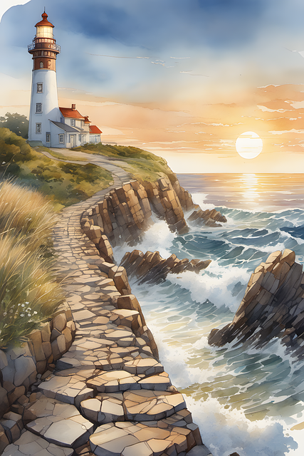 Free painting lighthouse scenery illustration