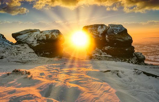 Zonsondergang, Rotsen, Winter, Sneeuw