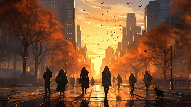 Free people in street sunset concept art illustration