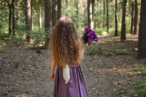 Mädchen, Wald, Strauß, Haar, Bäume