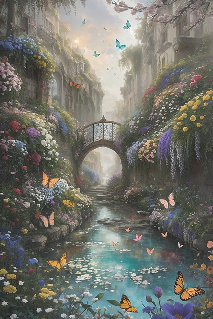 Free landscape floral background bridge illustration