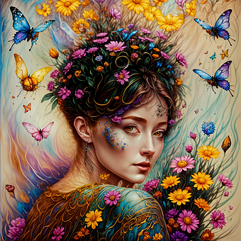 Femeie, Portret, Flori, Fluture