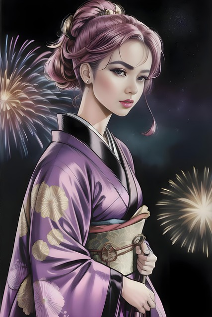Free kimono fireworks animation illustration