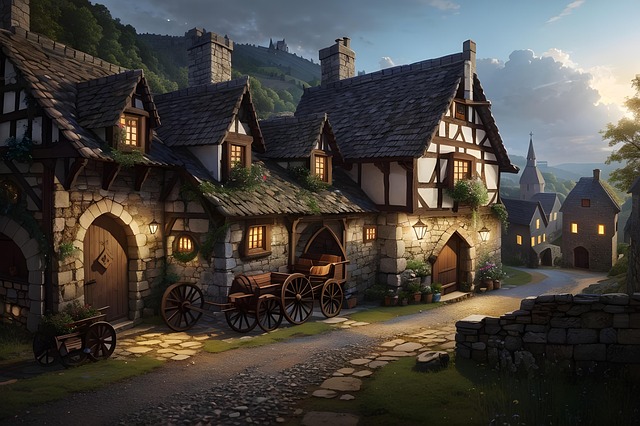 Free sunset medieval village illustration