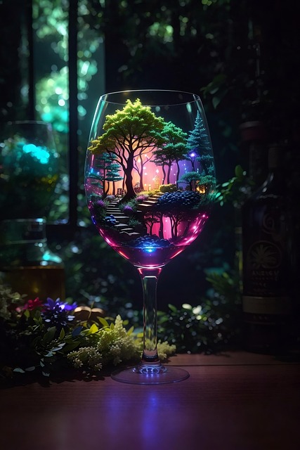 Free neon-lit enchantment realistic fantasy glowing forest in wine glass illustration