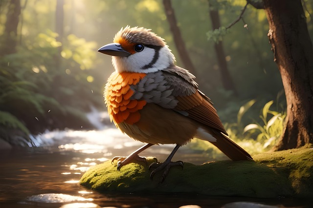 Ai Generado, Pájaro, Plumas, Río, Bosque