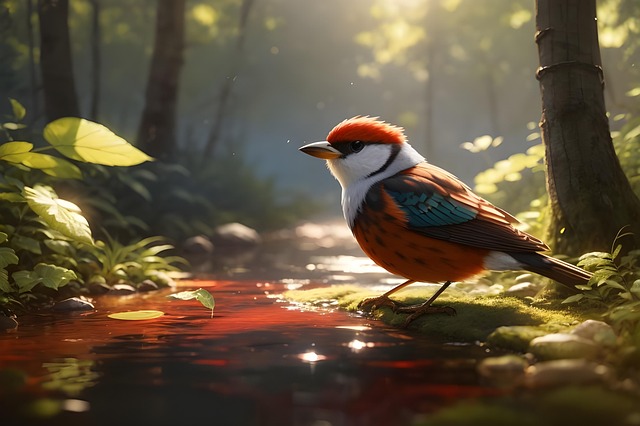 Ai Generado, Pájaro, Plumas, Río, Bosque