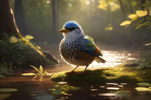 Ai Generado, Pájaro, Plumas, Río, Bosque