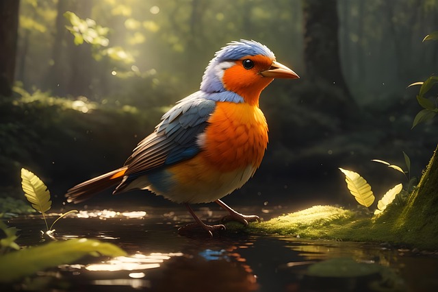 Ai Generado, Pájaro, Plumas, Río, Bosque
