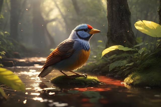 Ai Generado, Pájaro, Plumas, Río, Bosque