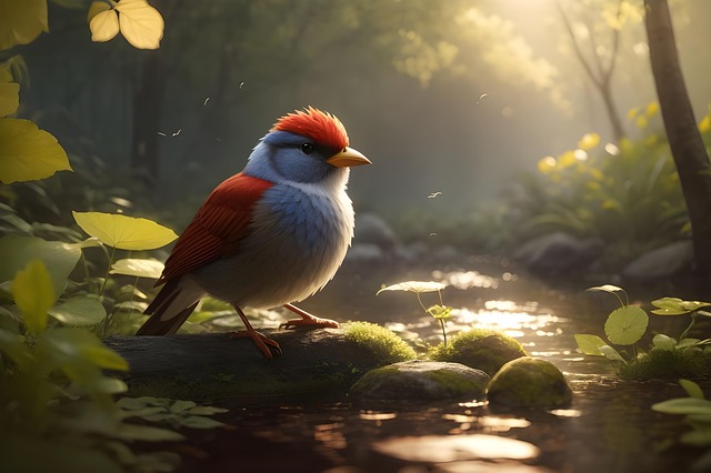 Ai Generado, Pájaro, Plumas, Río, Bosque