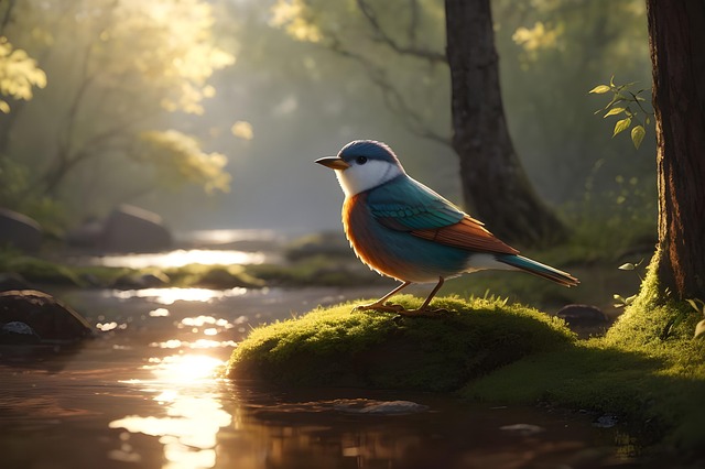 Ai Generado, Pájaro, Plumas, Río, Bosque