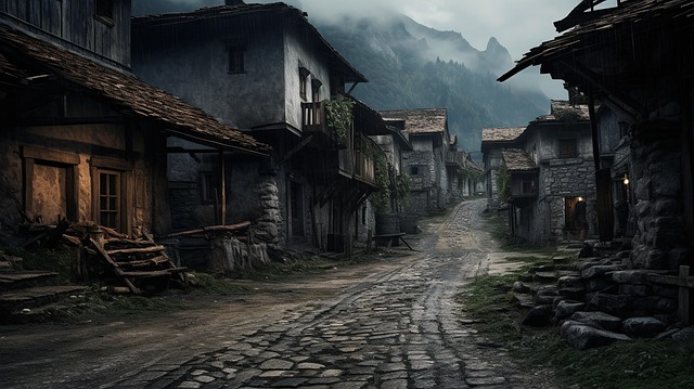 Free street mountain village moody atmosphere illustration