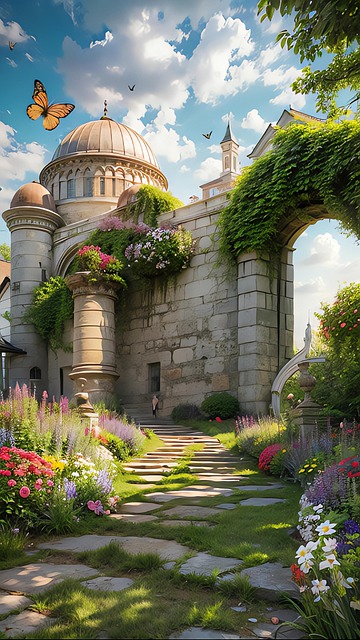 Ai Generiert, Festung, Tor, Weg, Blumen