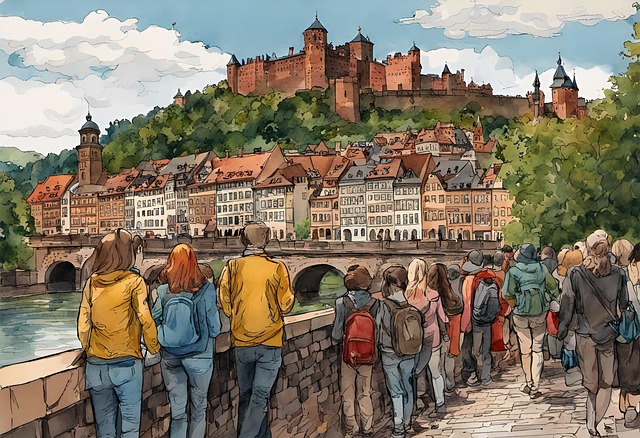 Free ai generated castle tourists illustration