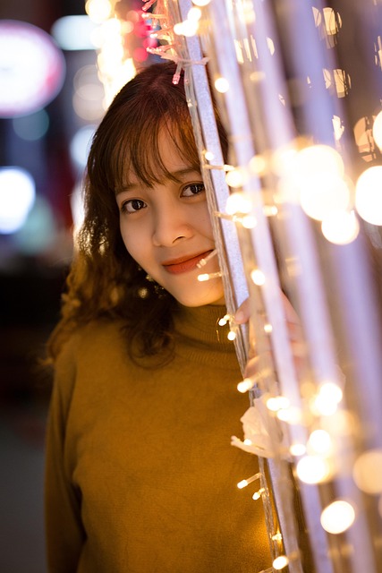 Mulher, Luzes De Fadas, Bokeh, Noite