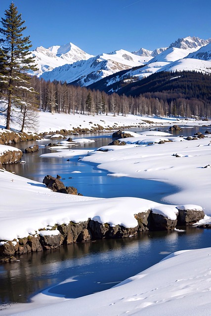 Schnee, Fluss, Bäume, Berge, Winter