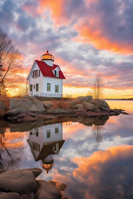 Free ai generated lakehouse sunset illustration