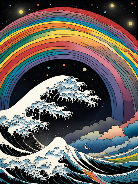 Free ai generated great wave rainbow illustration