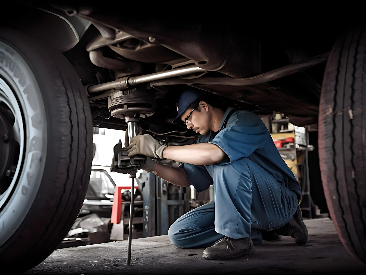 Download Mechanic Inspects Car Car Suspension System Mechanic Under