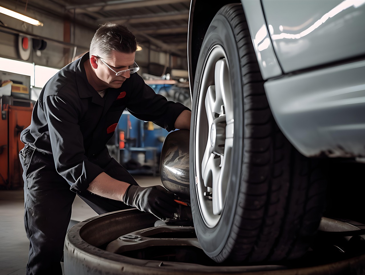 Download Professional Mechanic, Behind The Wheels, Mechanic Holds A Tire. RoyaltyFree Stock