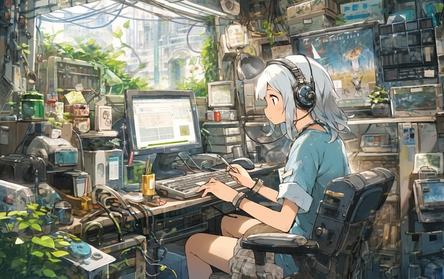 Free woman working on computer in the style of watercolor art strong brush style illustration