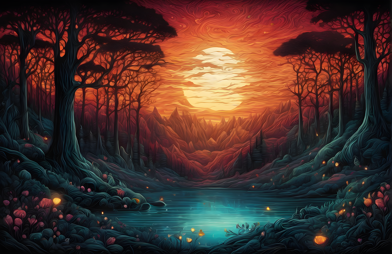 Download free HD stock image of Forest River Free forest river sunset illustration