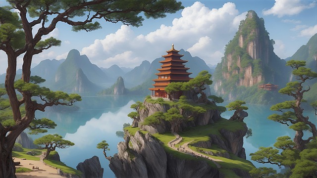 Free ai generated lake pagoda illustration