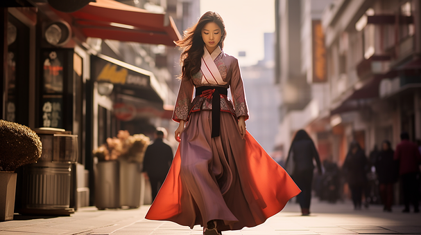 Ai Generiert, Frau, Gasse, Korea, Hanbok