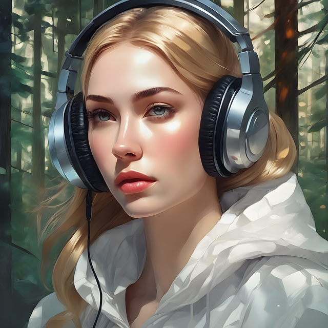 Kvinde, Headset, Musik, Smuk, Maleri