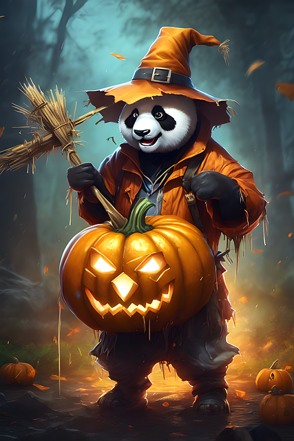 Panda, Halloween, Vogelscheuche, Kürbis