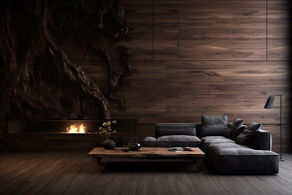 Download Dark Living Room, Wood Walls, Fireplace. Royalty-Free Stock