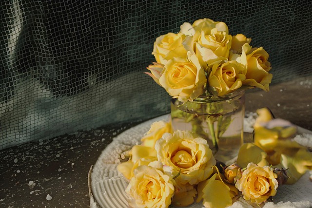 yellow roses, flower bouquet, romantic flowers, rose petals, floral still life, vintage roses, glass vase, natural light, garden roses, rustic decor, soft colors, pastel flowers, delicate petals, love flowers, flower composition, aesthetic bloom, peaceful mood, cottagecore, close up roses, bouquet arrangement, floral photography, bloom beauty, golden roses, spring flowers, poetic still life